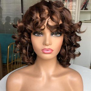 Big Curly Pin Curl Synthetic Wig With Bangs Chestnut Brown
